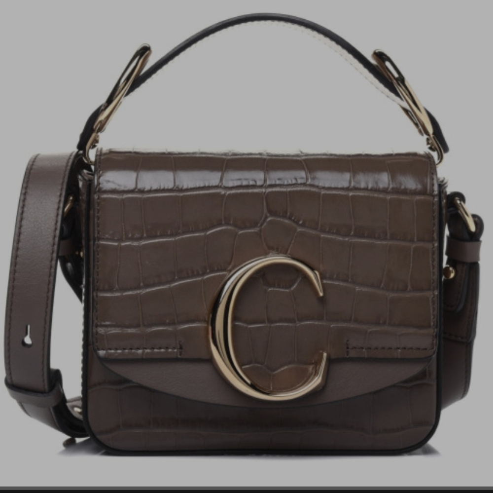 Crocodile Embossed Mini C Double Carry Bag - Taupe